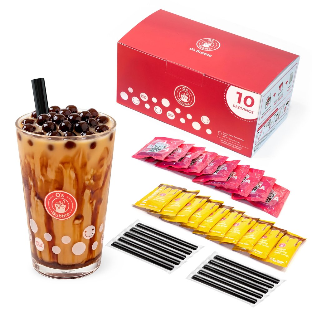 O's Bubble Instant Brown Sugar Bobas Kit - 20 Pack Combo (10 Boba + 10 Syrup) - Chewy Tapioca Pearls & Rich Syrup for Milk Tea & Lattes (Boba & Syrup)