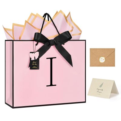 ZUKEPU Birthday Gift Bag, Personalized Initial Pink Gift Bags for Women & Girls, Medium Valentines Gift Paper Bags with Card and Tissue Paper, Stands up perfectly for Weddings, Party & All Holidays (Pink, I-Medium)