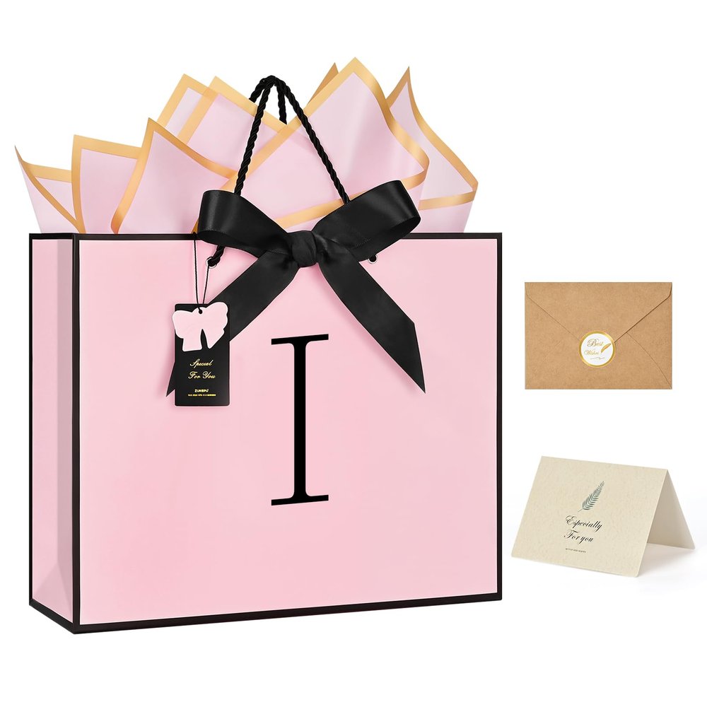 ZUKEPU Birthday Gift Bag, Personalized Initial Pink Gift Bags for Women & Girls, Medium Valentines Gift Paper Bags with Card and Tissue Paper, Stands up perfectly for Weddings, Party & All Holidays (Pink, I-Medium)