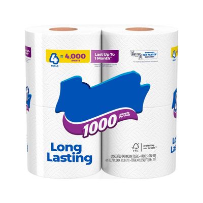 1000 Toilet Paper, 4 Rolls, 1,000 Sheets per Roll, Reliable Daily Use Toilet Tissue, Ideal for Home, Dorm & Office Bathrooms