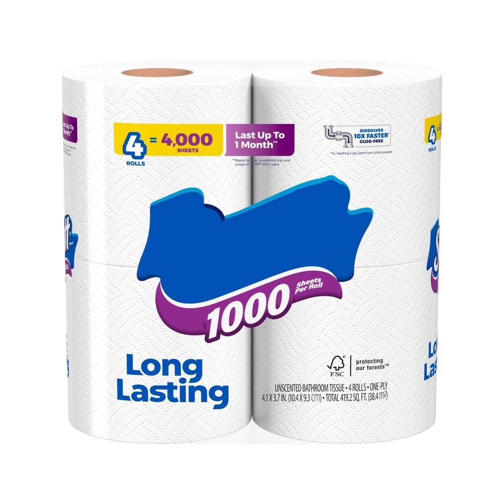 1000 Toilet Paper, 4 Rolls, 1,000 Sheets per Roll, Reliable Daily Use Toilet Tissue, Ideal for Home, Dorm & Office Bathrooms
