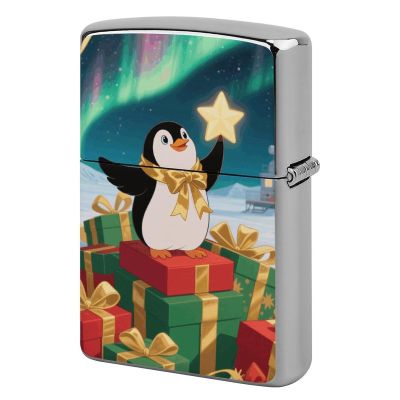 Christmas Small Penguin Lighter Case Double-Sided Graffiti Metal Lighter Cover Lighters Protective Sleeve for Women Men Standard Lighters