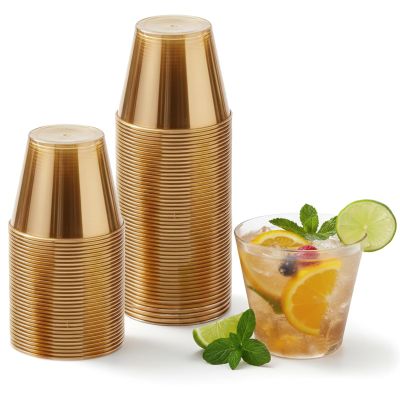 Minatee 100 Count Plastic Cups Disposable Fancy Cups Heavy Duty Wine Cocktail Glasses for Mother's Day, Wedding, Graduation, and Birthday Party Plastic Drinking Tumblers(Brown,9 oz)