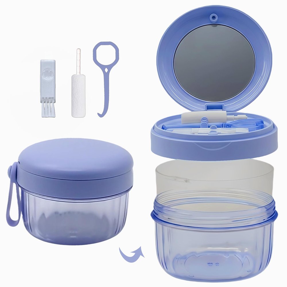 Denture Case, Leak Proof Denture Bath Cup for Travel, Large-Capacity Denture Storage Cup, Comprehensive Cleaning Kit for Dentures, Retainers and Night Guards