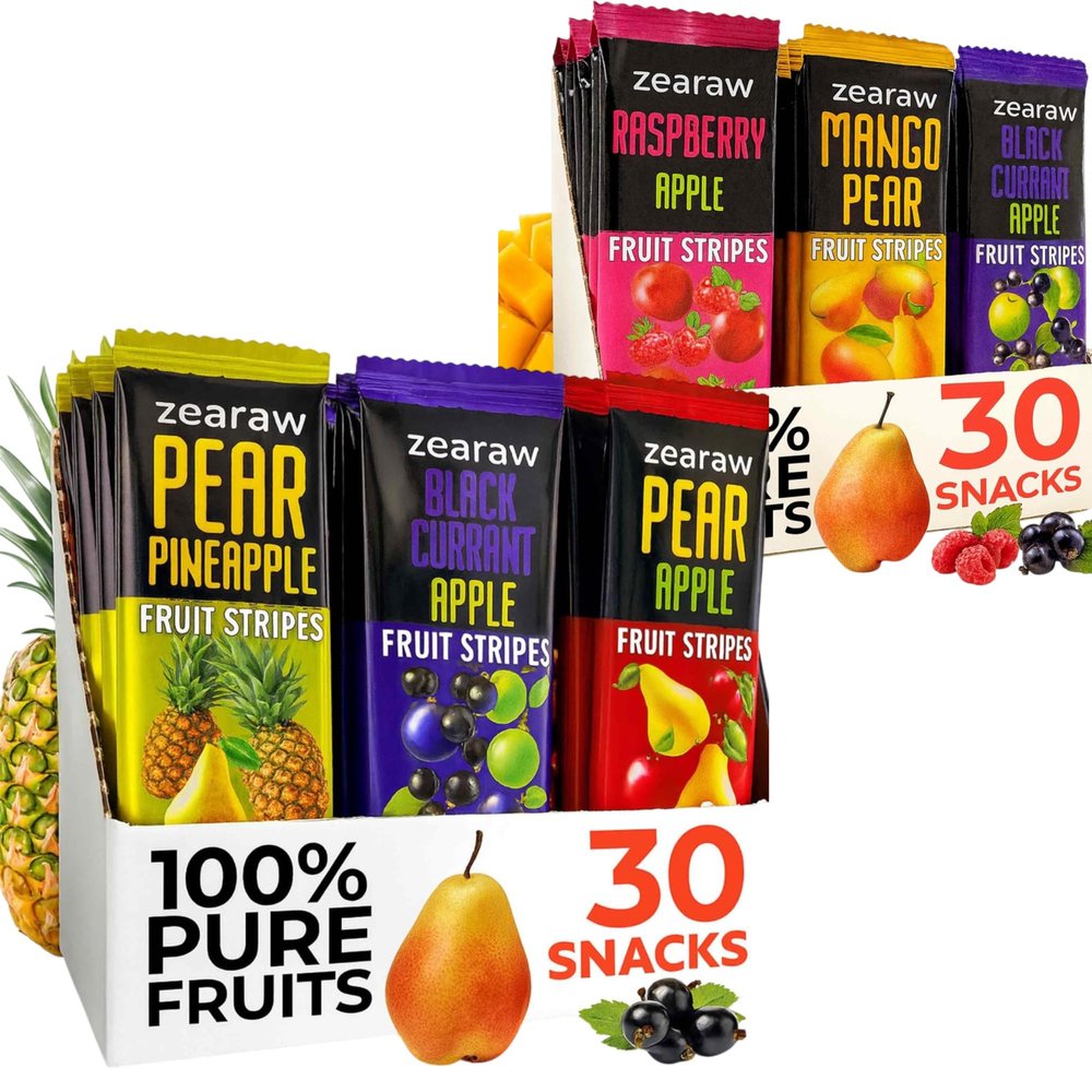 Zearaw Healthy 60 Fruit Snacks for Adults and Kids 60 Fruit Leather with Apple-Pear, Black Currant, Pineapple, Pear-Mango, Apple-Raspberry Variety Pack