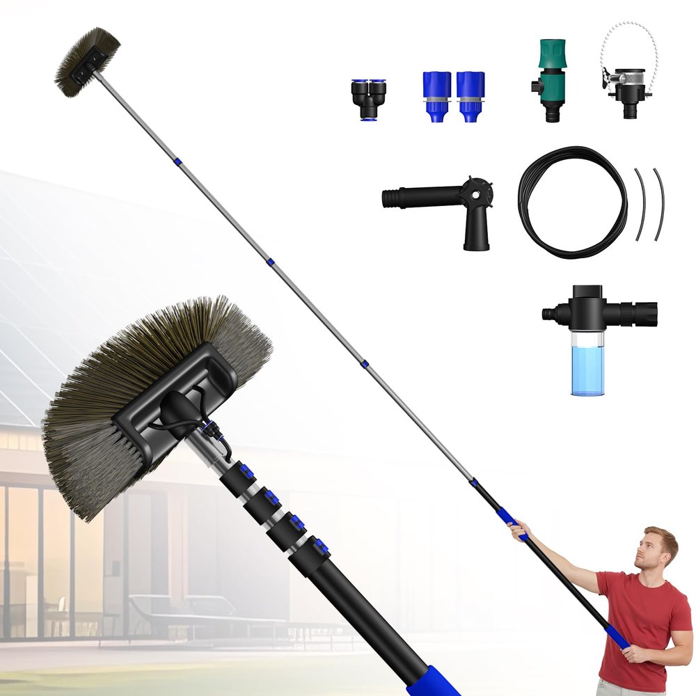 20FT Solar Panel Cleaning Brush and Pole, Cleaning Kit with 5-20FT Telescopic Pole, Accompanied by an Extension Pole and Soap Dispenser, Ideal for Snow Removal, Windows, Boats, RVs, Decks