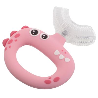 HEANUJJ U Shaped Kids Toothbrush for Oral Care - 360 Rotating Silicone Head - Manual Self Brushing Toothbrush - Dinosaur Fun Brush for Ages 0-3 Kids Pink
