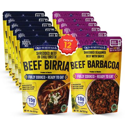 Old Hacienda 12-Pack Variety | 6 Beef Barbacoa + 6 Beef Birria | Fully Cooked & Ready to Eat | No Preservatives | BPA Free Pouches | 8oz Each