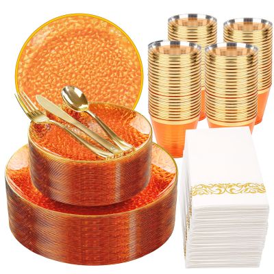 Rubtlamp 350 Pcs Plastic Dinnerware Set (50 Guests), Orange And Gold Plastic Plates, Hammered Party Plates Set Include Dinner Plates, Dessert Plates, Cups&Cutlery Set And Napkins for Wedding And Party