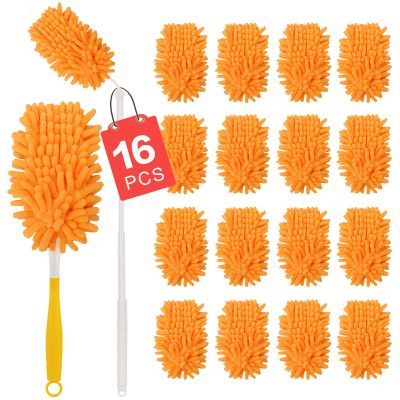 16Pcs Reusable Duster Refill Compatible with Swiffer Hand Duster +3FT Extended Handle +1 Handle, 360 Heavy Duty Duster Refills for Cleaning, Office, Ceiling Fan