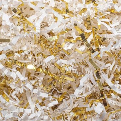 Shunzar Premium Crinkle Cut Paper Filler for Gift Baskets, Boxes, and Crafts, Shredded Paper for Weddings, Birthdays, Holidays, and DIY Projects, (Ivory/Gold, 2 oz)