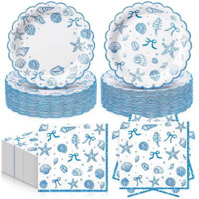 Havawish 96 Pcs Seashell Plates and Napkins for 48 Guests Beach Party Tableware Including Blue Bow Ocean Dessert Plates and Napkins for Summer Scalloped Coastal Starfish Conch Birthday Decorations