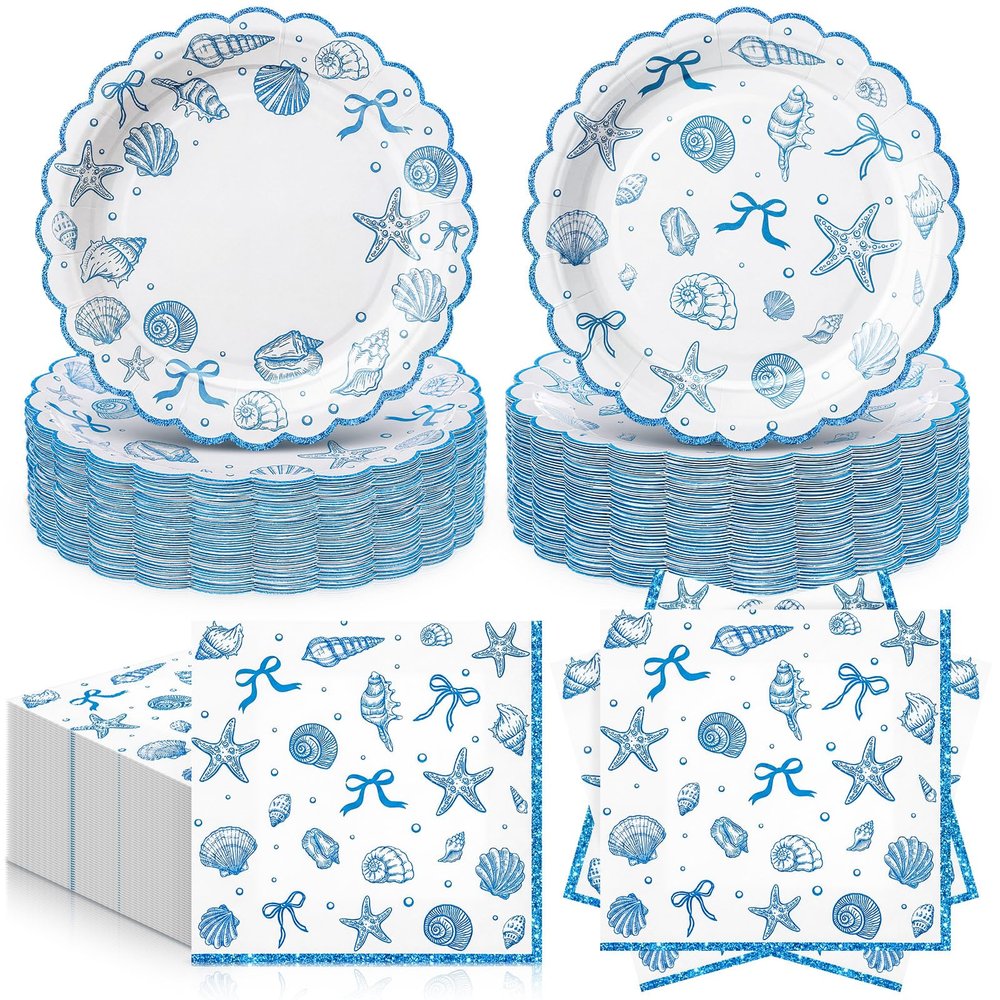 Havawish 96 Pcs Seashell Plates and Napkins for 48 Guests Beach Party Tableware Including Blue Bow Ocean Dessert Plates and Napkins for Summer Scalloped Coastal Starfish Conch Birthday Decorations