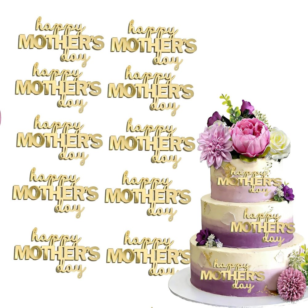 10pcs Happy Mothers Day Cupcake Toppers Gold Acrylic Discs side cake plug for Mother's Day Party Decor