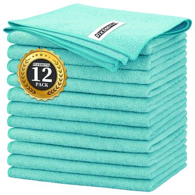 FIXSMITH Turquoise Microfiber Cleaning Cloth -Pack of 12, Highly Absorbent Cleaning Rags, 16"X12" All Purpose Cleaning Towels for Housekeeping, Kitchen, Car, Lint Free and Reusable Microfiber Towels