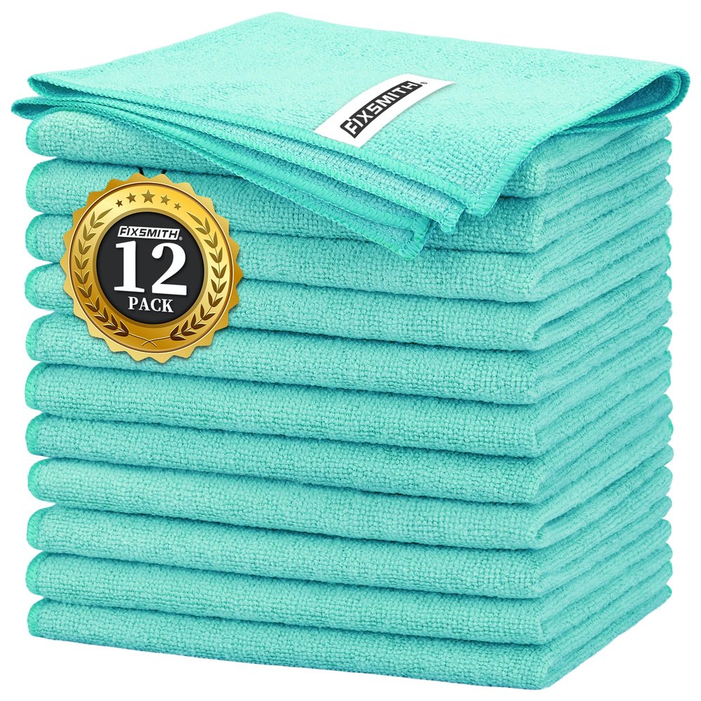 FIXSMITH Turquoise Microfiber Cleaning Cloth -Pack of 12, Highly Absorbent Cleaning Rags, 16"X12" All Purpose Cleaning Towels for Housekeeping, Kitchen, Car, Lint Free and Reusable Microfiber Towels