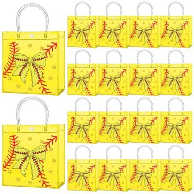 Chivertion 20 Pcs Bow Softball Party Favors Softball Snack Bags 8 x 8 x 3 Inch Bow Gift Treat Bags with Handle for Sport Team Party Decorations Birthday Gifts