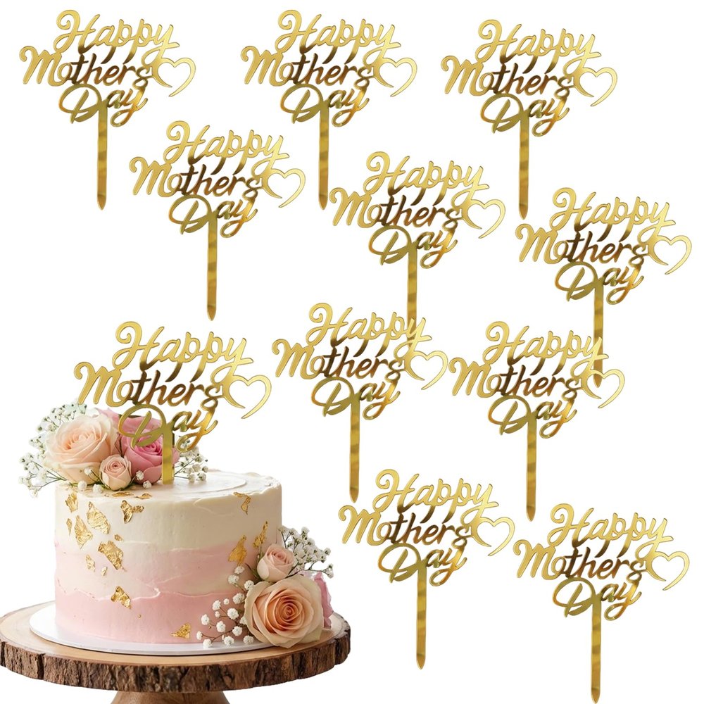 10pcs Happy Mother's Day Cake Topper Gold Acrylic Mirror Engraving Happy Mothers' Day Heart shape Cake Topper for Mother's Day Birthday Party Dessert DIY Decor Supplies