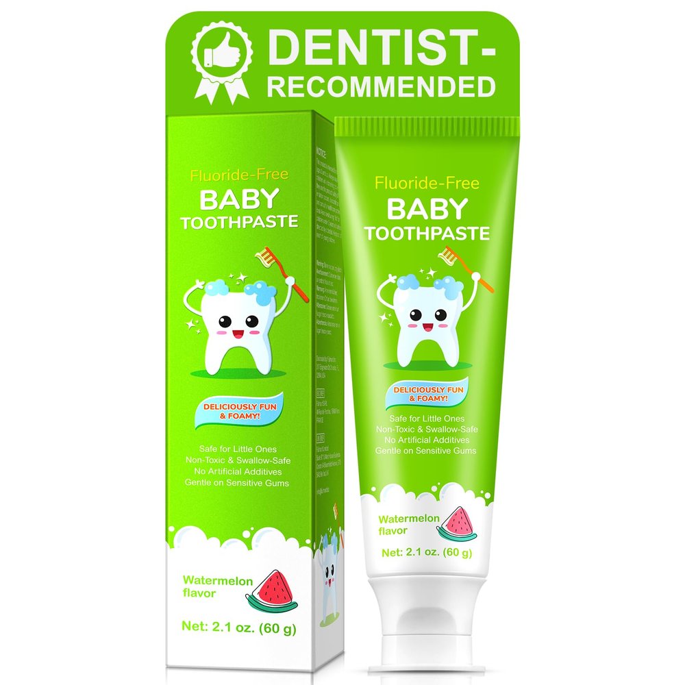 Fluoride-Free Baby Toothpaste for Ages 2-3 Natural Fruit-Flavored Mild Formula Pea-Sized Amount for Developing Teeth 2.1 oz (60g) (1 Pack, Watermelon)