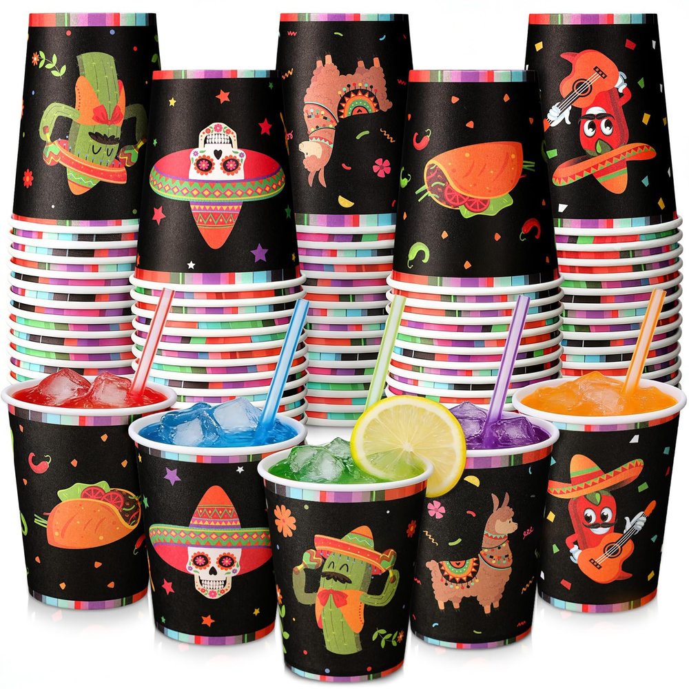 100 Pcs Mexican Paper Cups Disposable Mexico Fiesta Cups Bulk 9oz Cinco De Mayo Party Decorations for Fiesta Taco Birthday Baby Shower Party Supplies(Mexican Classic Style)