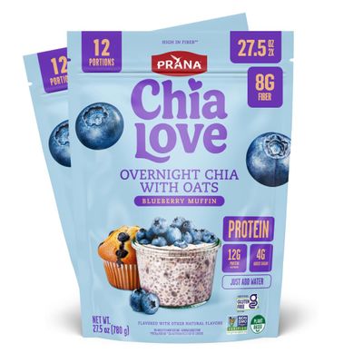 Chialove Overnight Chia with Oats, Blueberry Muffin | 12g of protein | Low Sugar | Rich in Fiber, Vegan, Gluten-free, Non-GMO | Ready to Eat Breakfast - 27.5 oz Bags - 2 Pack