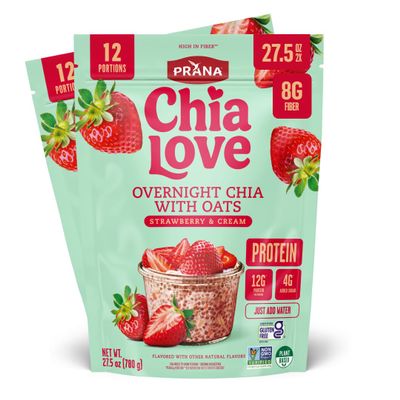 Chialove Overnight Chia with Oats, Strawberry & Cream | 12g of protein | Low Sugar | Rich in Fiber, Vegan, Gluten-free, Non-GMO | Ready to Eat Breakfast - 27.5 oz Bags - 2 Pack