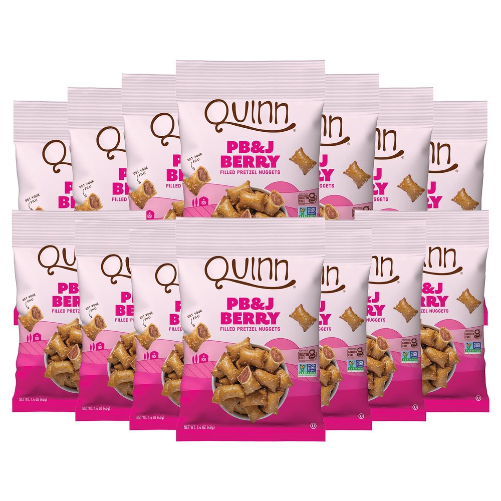 Quinn Gluten Free PB&J Berry Filled Pretzel Nuggets- Made with Real Ingredients, Whole Grain Sorghum, Sea Salt, Strawberries, Raspberries, Dairy Free Salted Snacks, Vegan, Non GMO- 1.4 oz (Pack of 14)