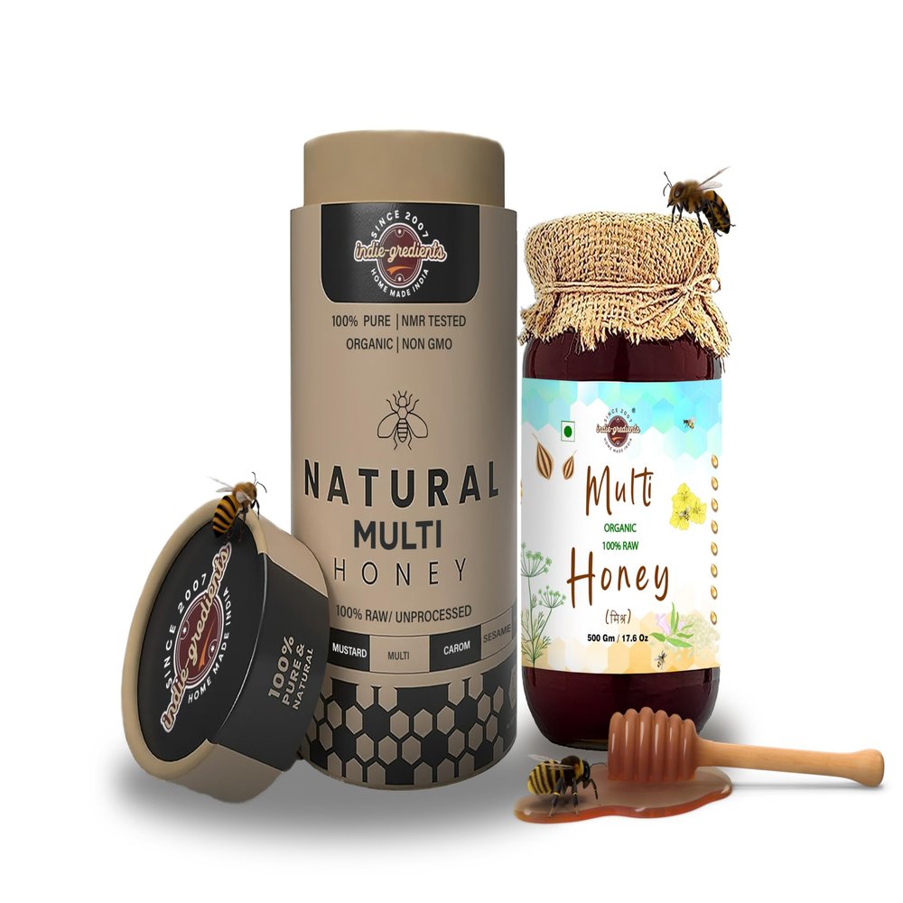 INDIEGREDIENTS 100% Raw Organic Multiflora Honey | Unprocessed & Certified | Premium Wildflower Honey Superfood | Natural Wellness Support