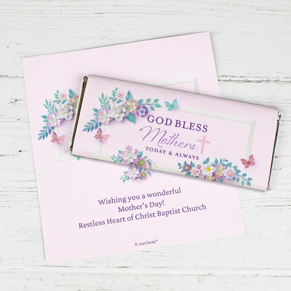100 Pack Personalized Mothers Day DIY Chocolate Candy Bar Wrapper Favors for Keepsakes, Church Giveaways, Custom Mom Gifts & More (Candy Not Included) - God Bless Mothers