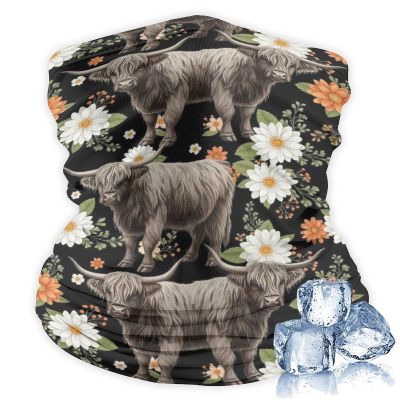 100% BLUE COLLAR Floral Cattle Highland Cow (3) Headband Headwear Face Scarf Mask Dust Protection Windproof for Summer Running Fishing for Adults
