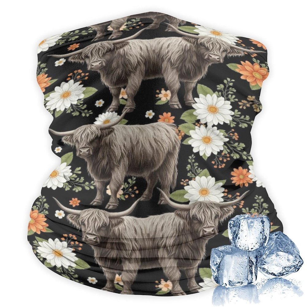 100% BLUE COLLAR Floral Cattle Highland Cow (3) Headband Headwear Face Scarf Mask Dust Protection Windproof for Summer Running Fishing for Adults