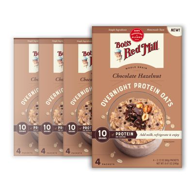 Bob's Red Mill Overnight Protein Oat Packets, Chocolate Hazelnut (4 Boxes/4 Packets per Box), Non-GMO, Gluten Free, Whole Grain