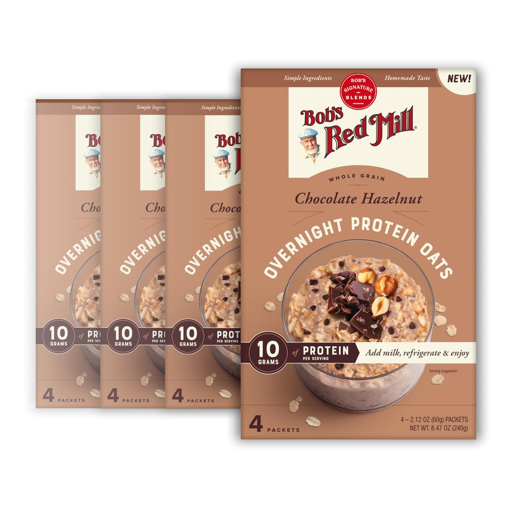 Bob's Red Mill Overnight Protein Oat Packets, Chocolate Hazelnut (4 Boxes/4 Packets per Box), Non-GMO, Gluten Free, Whole Grain