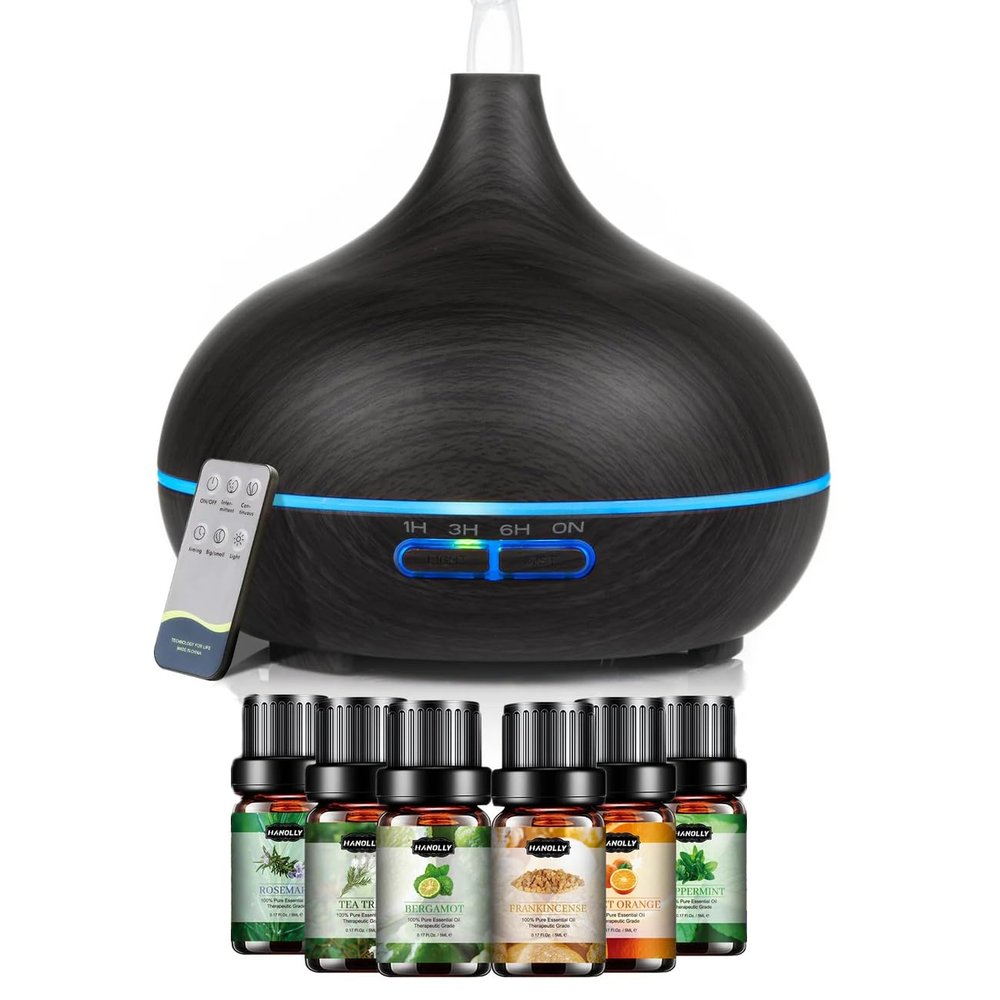 550ml ultrasonic Aromatherapy Essential Oil Diffuser with Remote Control, Dark Wood Grain, Including 6 Essential Oils, 4 Timer Settings, LED Light, Cold Mist humidifier