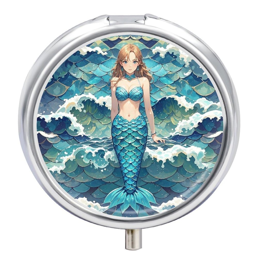 Round Blue Waves Squama Mermaid Scale Pill Organizer Pill Box 3 Compartment Portable Travel Medicine Case Daily Mini Compact Medicine Container Storage Vitamin Supplement Dispenser
