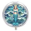 Round Blue Waves Squama Mermaid Scale Pill Organizer Pill Box 3 Compartment Portable Travel Medicine Case Daily Mini Compact Medicine Container Storage Vitamin Supplement Dispenser view 1