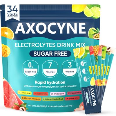 AXOCYNE Electrolytes Powder Packets Sugar Free, 34 Sticks Hydration Packets Liquid Daily IV Electrolyte Drink Mixes with Potassium & Magnesium, Rapid Rehydration, Zero Sugar, 7 Flavors