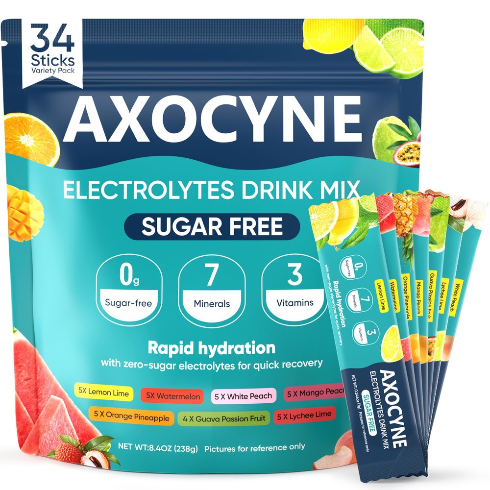 AXOCYNE Electrolytes Powder Packets Sugar Free, 34 Sticks Hydration Packets Liquid Daily IV Electrolyte Drink Mixes with Potassium & Magnesium, Rapid Rehydration, Zero Sugar, 7 Flavors