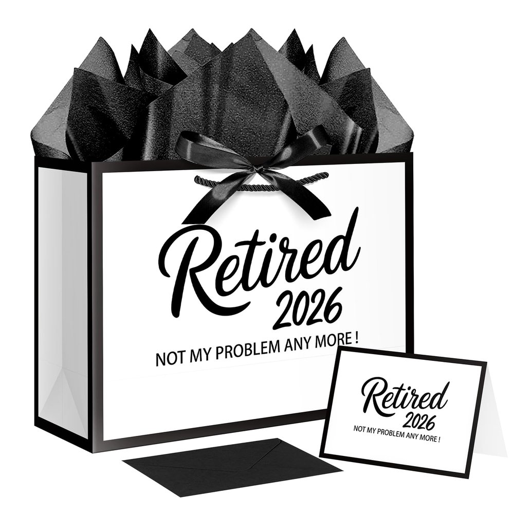 JWSCYSY 12.6" White and Metallic Black Retirement Gift Bag with Tissue Paper, Retired 2026 Gift Bag with Greeting Card for Men Women Retirement Party Decorations Supplies
