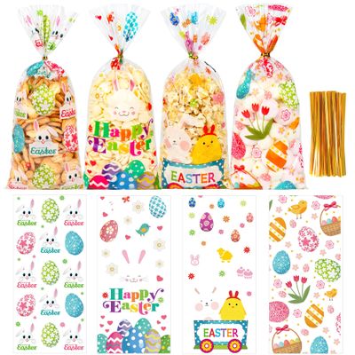 100 Pcs Easter Cellophane Treat Bags - 5 x 11 Inch Clear Easter Goodie Bags with 110 Gold Ties for Cookies, Snacks, Party Favors & Gift Packaging, 2.8 Mil Thick Plastic Easter Candy Bag for Kids