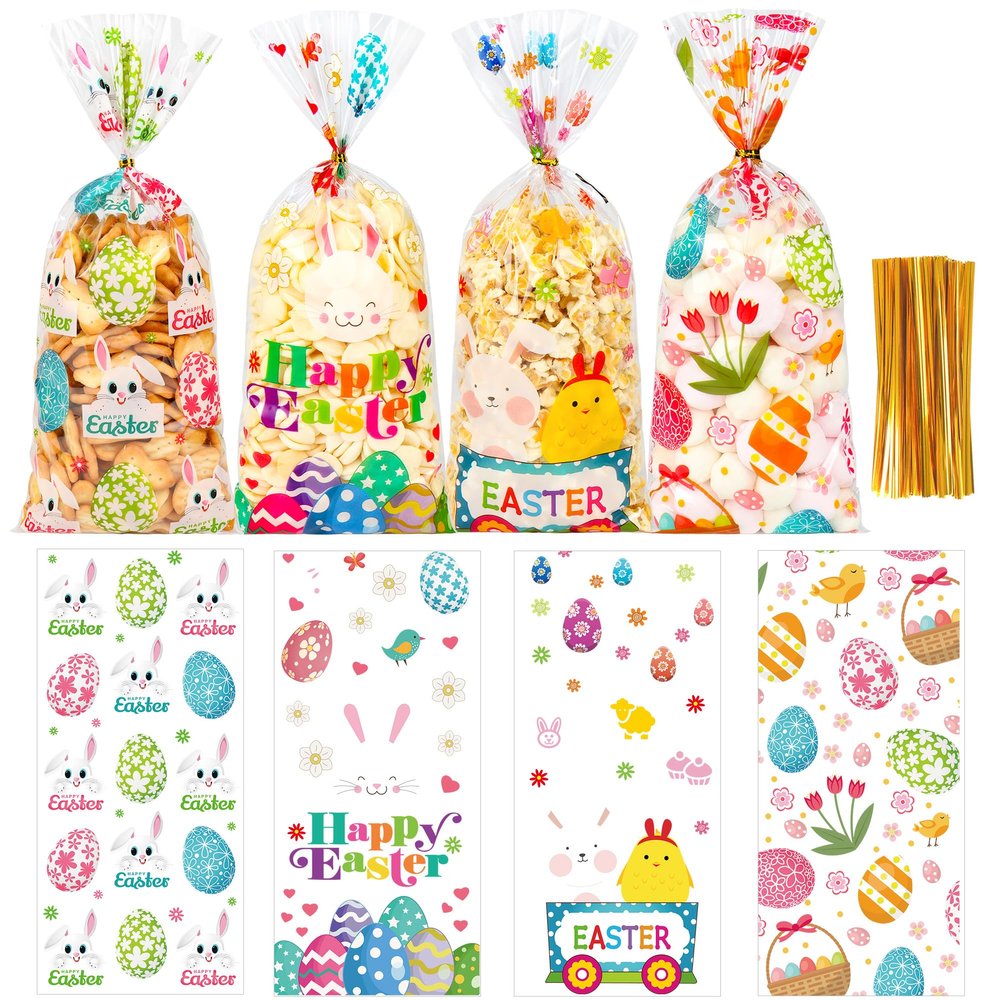 100 Pcs Easter Cellophane Treat Bags - 5 x 11 Inch Clear Easter Goodie Bags with 110 Gold Ties for Cookies, Snacks, Party Favors & Gift Packaging, 2.8 Mil Thick Plastic Easter Candy Bag for Kids