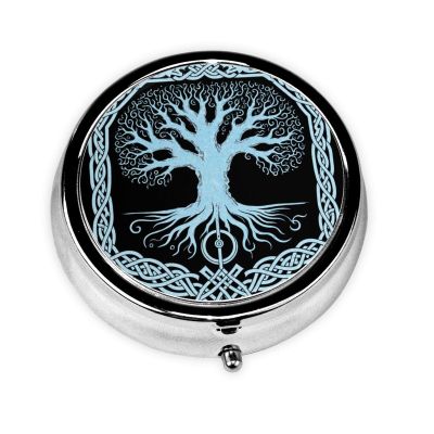 Viking Norse Mythology Yggdrasil Tree of Life Circular Mini Organizer Case - Portable Metal Pill Box for Vitamins, Supplements