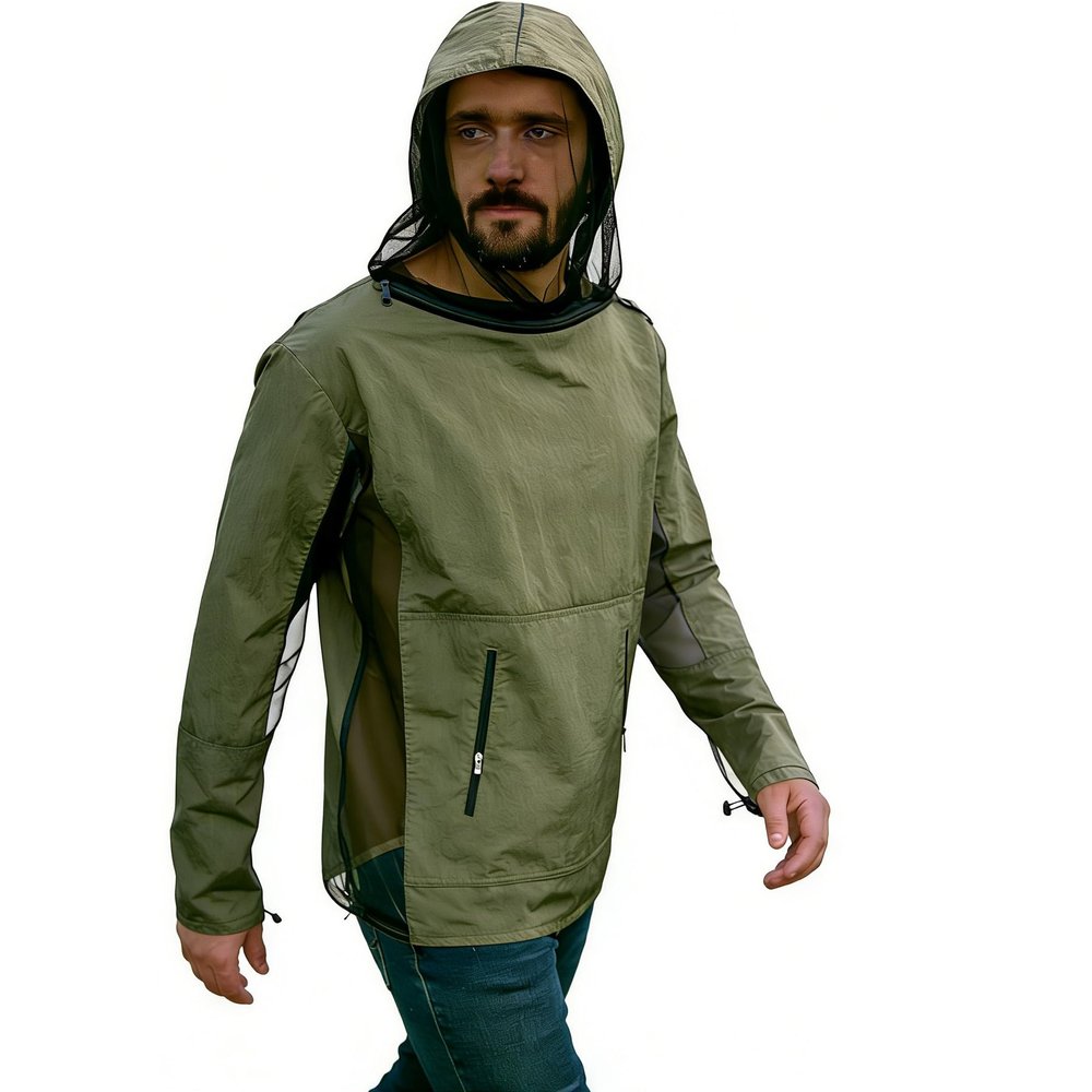 Aoximyouny Fabric & Mesh Mosquito Jacket with Adjustable Hood & Storage Pocket, Lightweight Durable Bug Proof Insect Protection Suit, Outdoor Summer Clothing for Men Women Fishing Hiking
