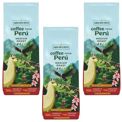 Organic Coffee from Peru 3 Pack 36OZ Ground Medium Roast, Roasted Fresh to Order, by Liquid Gold, Each Bag 12 oz (340 Grams), Fairtrade, Single Origin Specialty Coffee From El Palto Farm, 100% Arabica Beans, Small Batch Roasted in USA