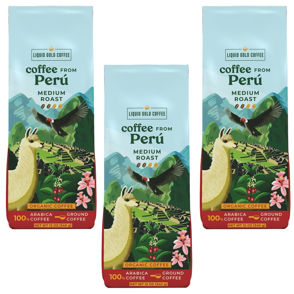 Organic Coffee from Peru 3 Pack 36OZ Ground Medium Roast, Roasted Fresh to Order, by Liquid Gold, Each Bag 12 oz (340 Grams), Fairtrade, Single Origin Specialty Coffee From El Palto Farm, 100% Arabica Beans, Small Batch Roasted in USA