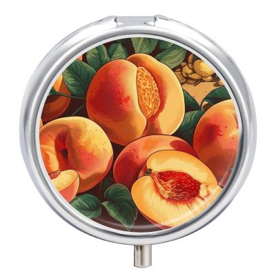 Round Sliced Peaches Pill Organizer Pill Box 3 Compartment Portable Travel Medicine Case Daily Mini Compact Medicine Container Storage Vitamin Supplement Dispenser