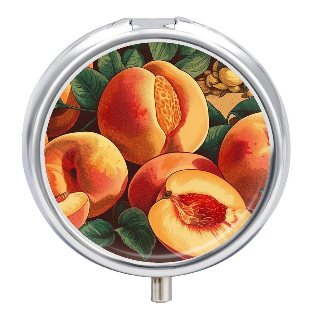 Round Sliced Peaches Pill Organizer Pill Box 3 Compartment Portable Travel Medicine Case Daily Mini Compact Medicine Container Storage Vitamin Supplement Dispenser