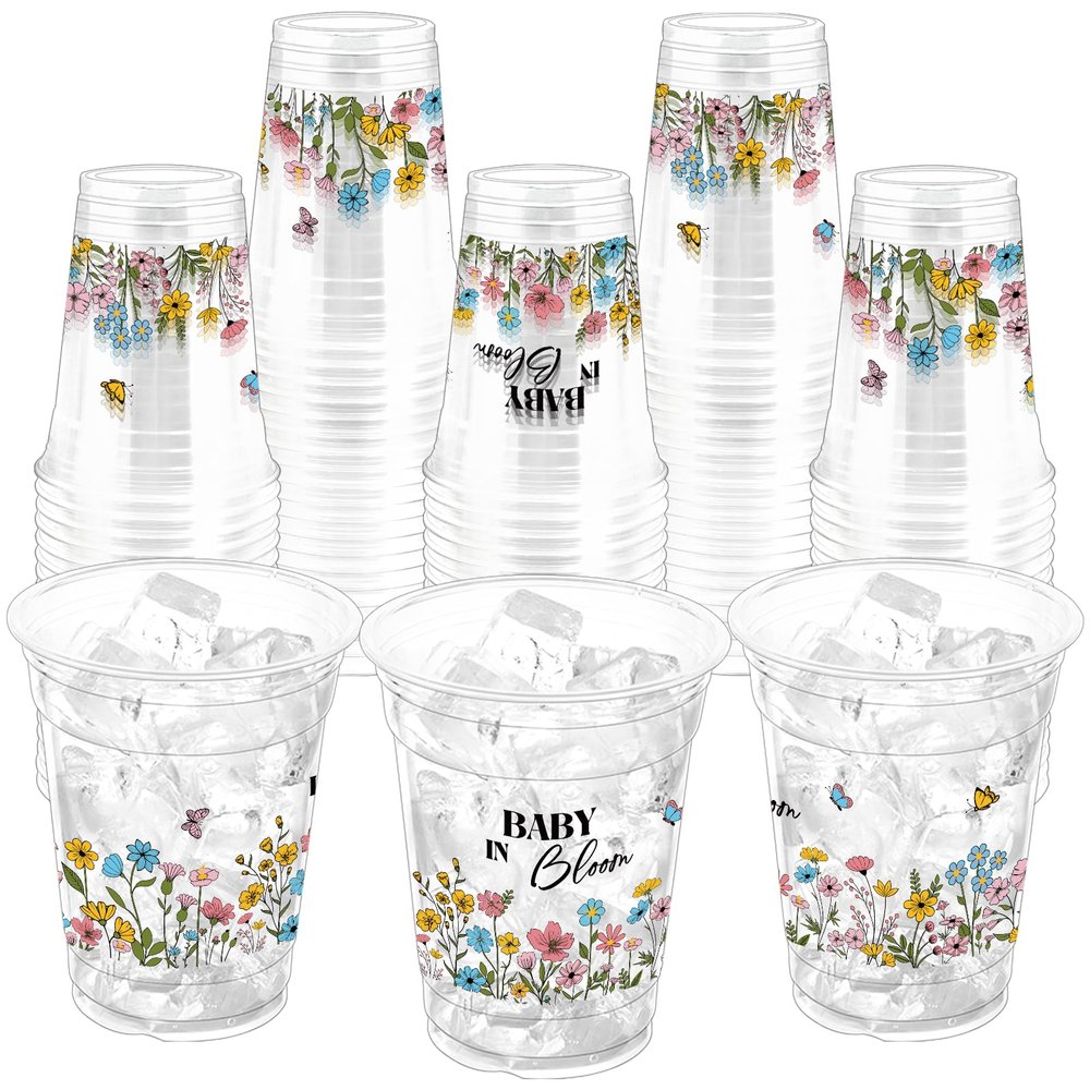 ZCPTZ 100Pcs Wildflower Baby Shower Plastic Party Cups, 12oz Wildflower Disposable Clear Cups for Baby Shower Party, Gender Reveal, Holiday Gatherings, Floral Theme Birthday Party Drinking Supplies