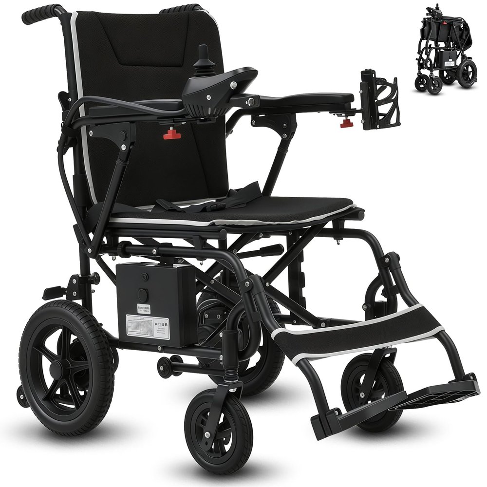 ROBTWOK Ultralight Electric Wheelchair for Adults & Seniors - 36lbs Foldable Power Wheelchair with 15-Mile Long Range, All-Terrain, SOS Button & LED Light, 265lbs Capacity, Airline Approved (Black)
