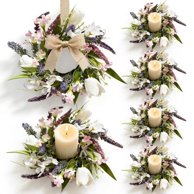 6 Pcs Mini Spring Tulips Candle Rings Wreaths Artificial Purple Lavender Small Pillar Holder Wreath Summer Floral Candle Holder Wreath for Farmhouse Porch Front Door Cabinets Table Decoration
